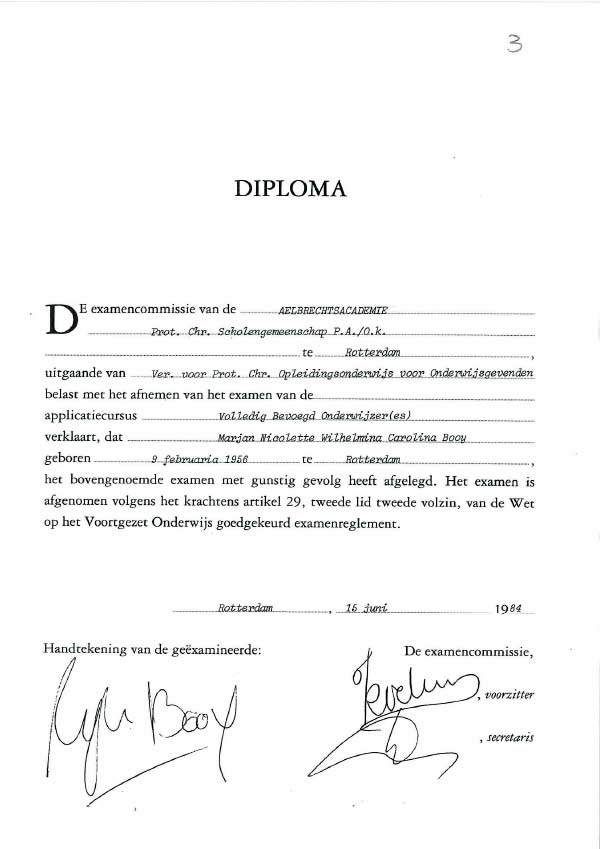 Diploma Volledig bevoegd lerares Basisonderwijs