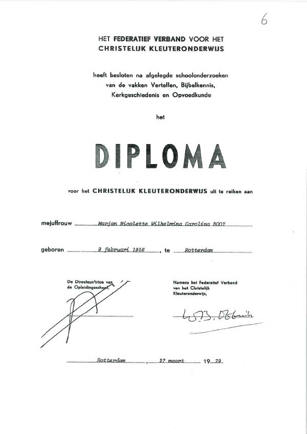 Diploma voor het Christelijk Kleuteronderwijs.